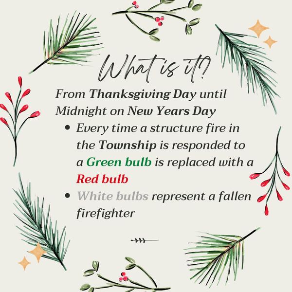 Wreath 1 image From Thanksgiving Day until midnight on New years Day, Every time a structure fire in the Township is responded to a Green bulb is replaced with a red bulb, White bulbs represents a fallen firefighter